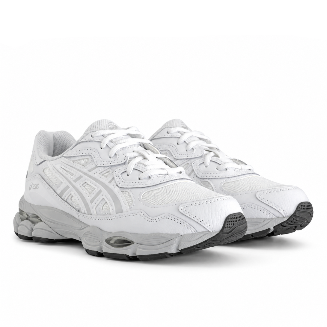A pair of ASICS GEL-NYC White Glacier Grey trainers featuring crisp white mesh, soft grey suede overlays, signature ASICS stripes and a sculpted GEL-cushioned sole on a clean white background.