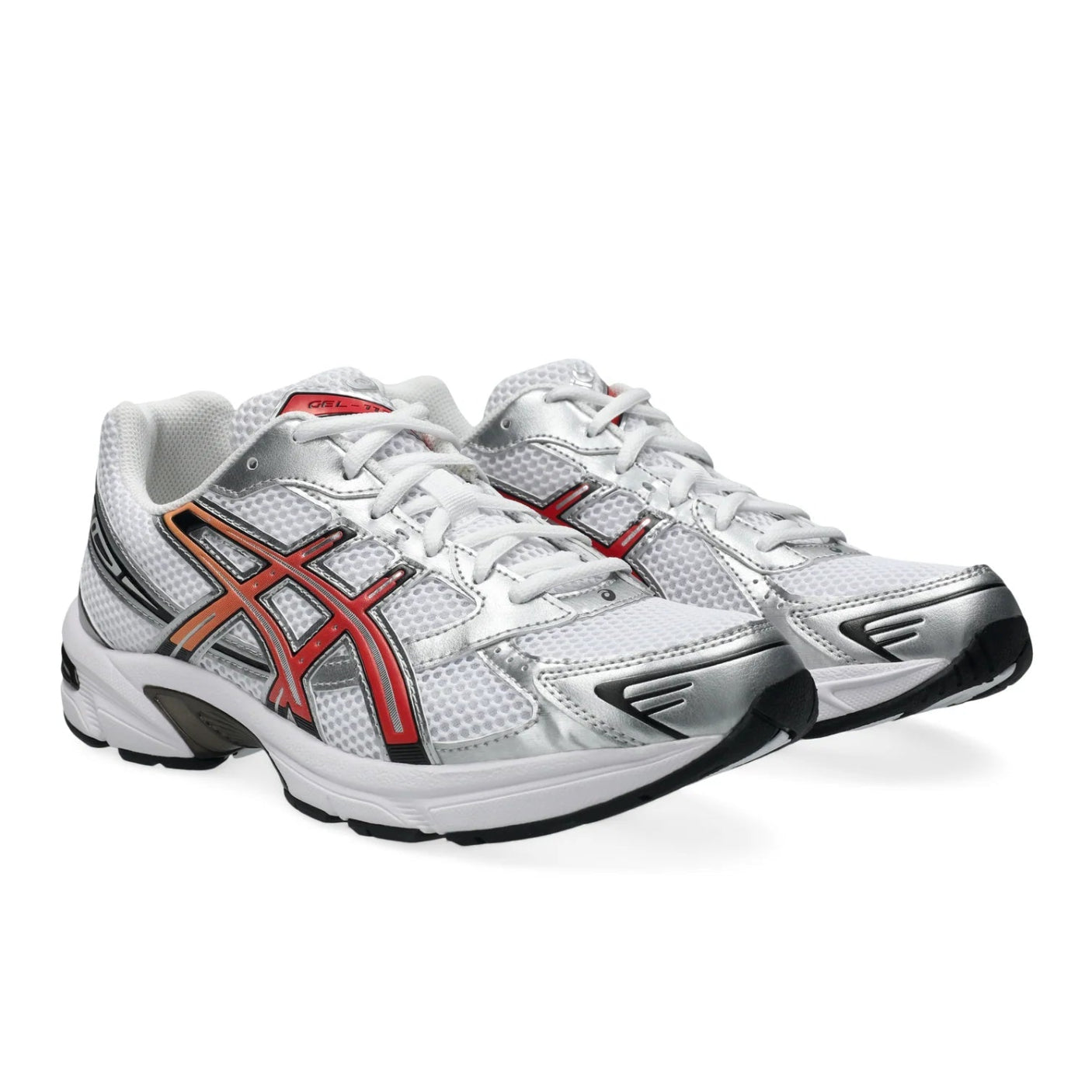 ASICS GEL-1130 White Red Snapper front angle showing white mesh upper, metallic silver overlays, Red Snapper Tiger Stripes and GEL cushioning