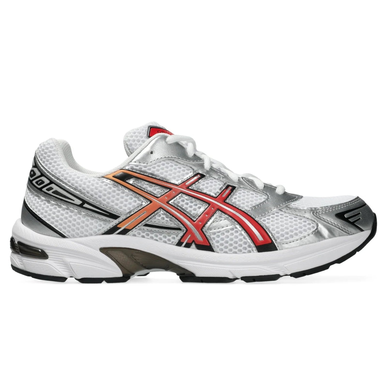 ASICS GEL-1130 White Red Snapper side view with breathable white mesh, silver synthetic panels, red ASICS branding and black outsole detail