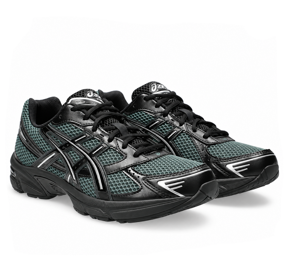 A pair of ASICS GEL-1130 Dusty Fern Black trainers featuring muted green mesh, black overlays and GEL cushioning on a clean white background.