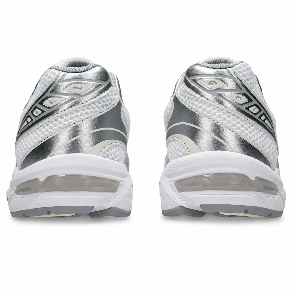 A rear view of the ASICS GEL-1130 White Piedmont Grey trainers, showing the structured heel, soft grey detailing and sculpted sole on a clean white background.