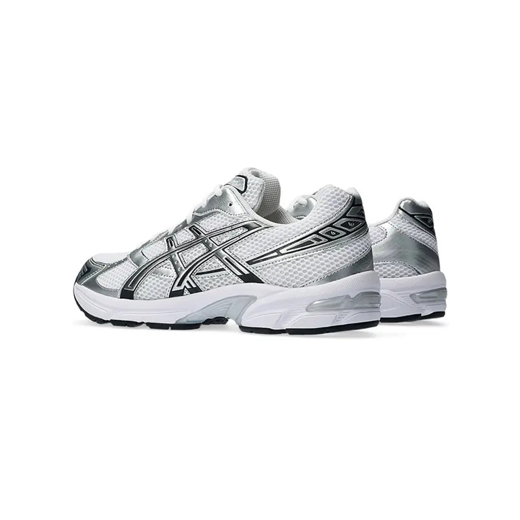 ASICS GEL-1130 White Silver rear three-quarter view showing heel GEL unit and silver overlays