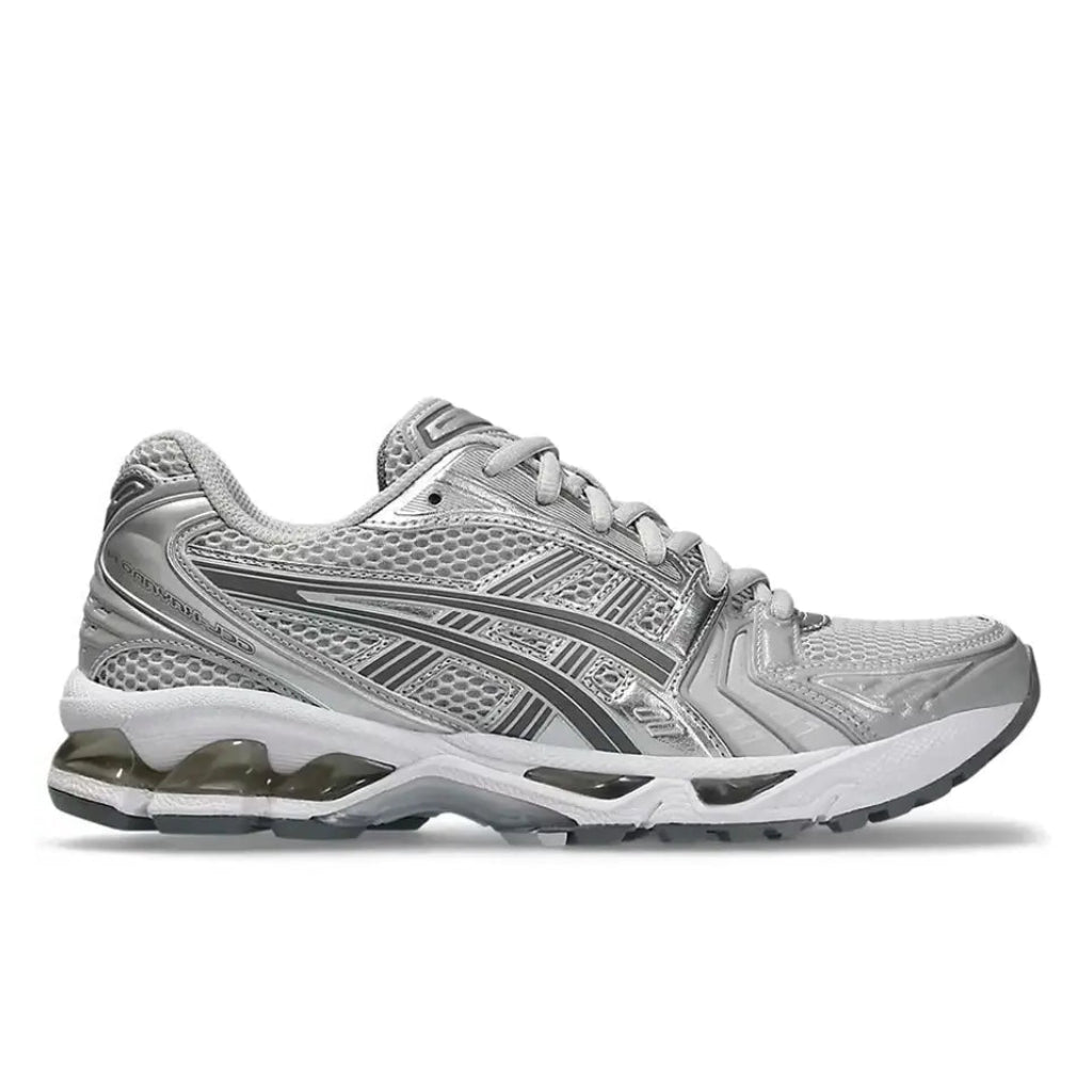 ASICS GEL-Kayano 14 Cloud Grey 1202A056-021 lateral side profile showing mesh upper, metallic silver overlays, and visible GEL cushioning on white midsole