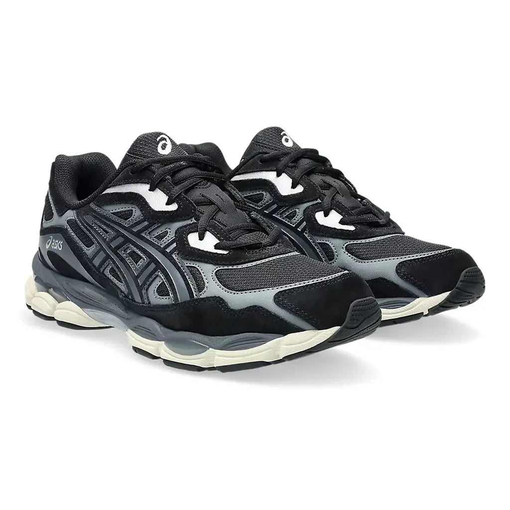 ASICS GEL-NYC Black Grey 1203A739-001 front three-quarter pair view showing the black mesh toe box, grey tiger stripes, silver synthetic overlays, grey ASICS logo, black laces, and cream midsole with translucent grey GEL technology windows
