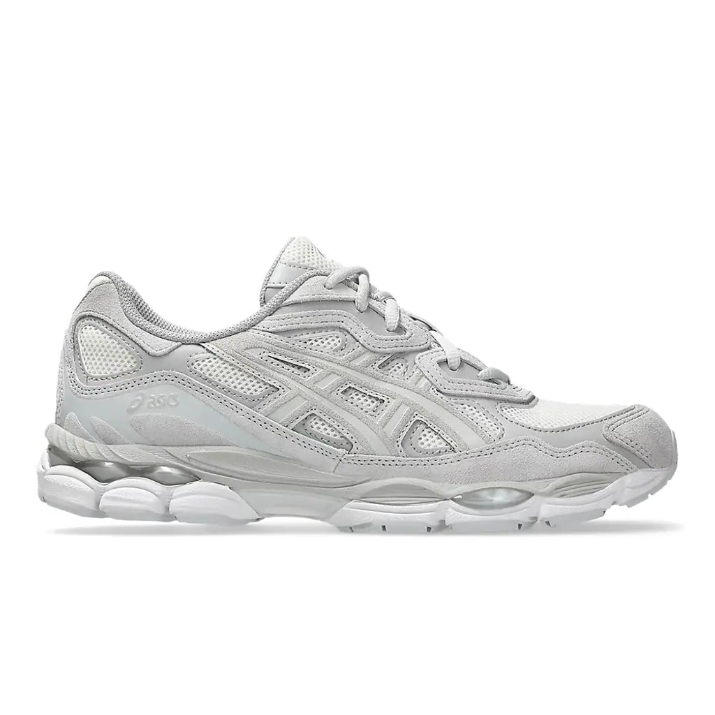 Side profile of the ASICS GEL-NYC Cream Cloud Grey sneaker showing cream mesh upper with cloud grey suede overlays and GEL cushioning sole