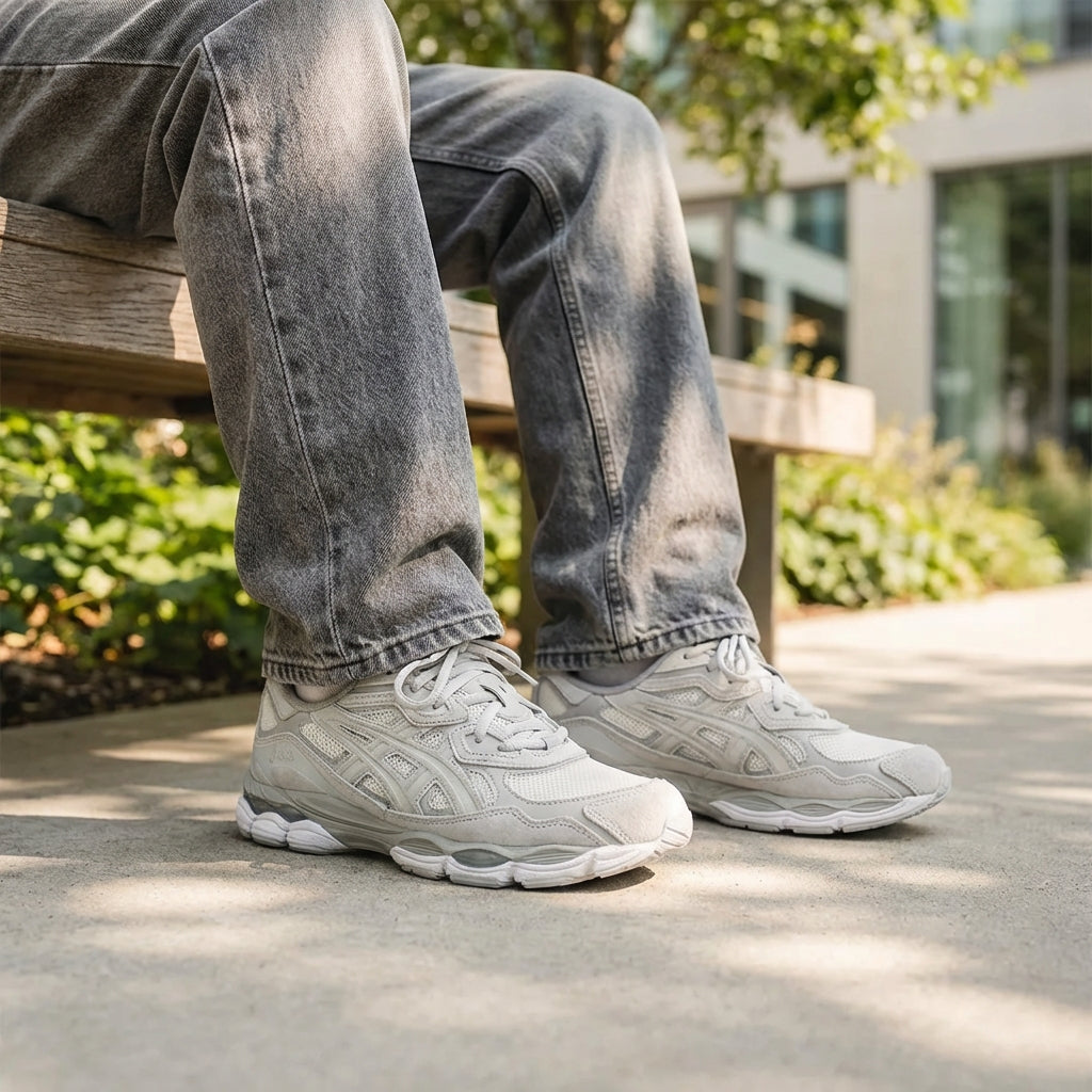 ASICS GEL-NYC Cream Cloud Grey worn on foot with grey jeans, showing the sneaker styled in a casual streetwear outfit