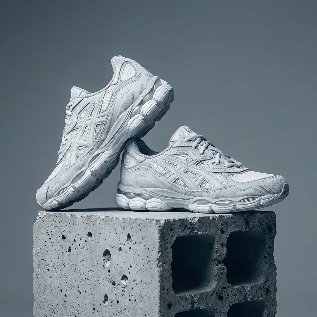 ASICS GEL-NYC Cream Cloud Grey pair displayed on a concrete block, showcasing both shoes from different angles with suede and mesh detailing