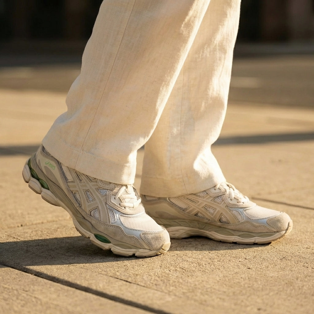 ASICS GEL-NYC Cream Fossil sneakers worn on foot with cream linen trousers, walking on concrete in golden hour light showing the lateral ASICS logo and green GEL midsole windows