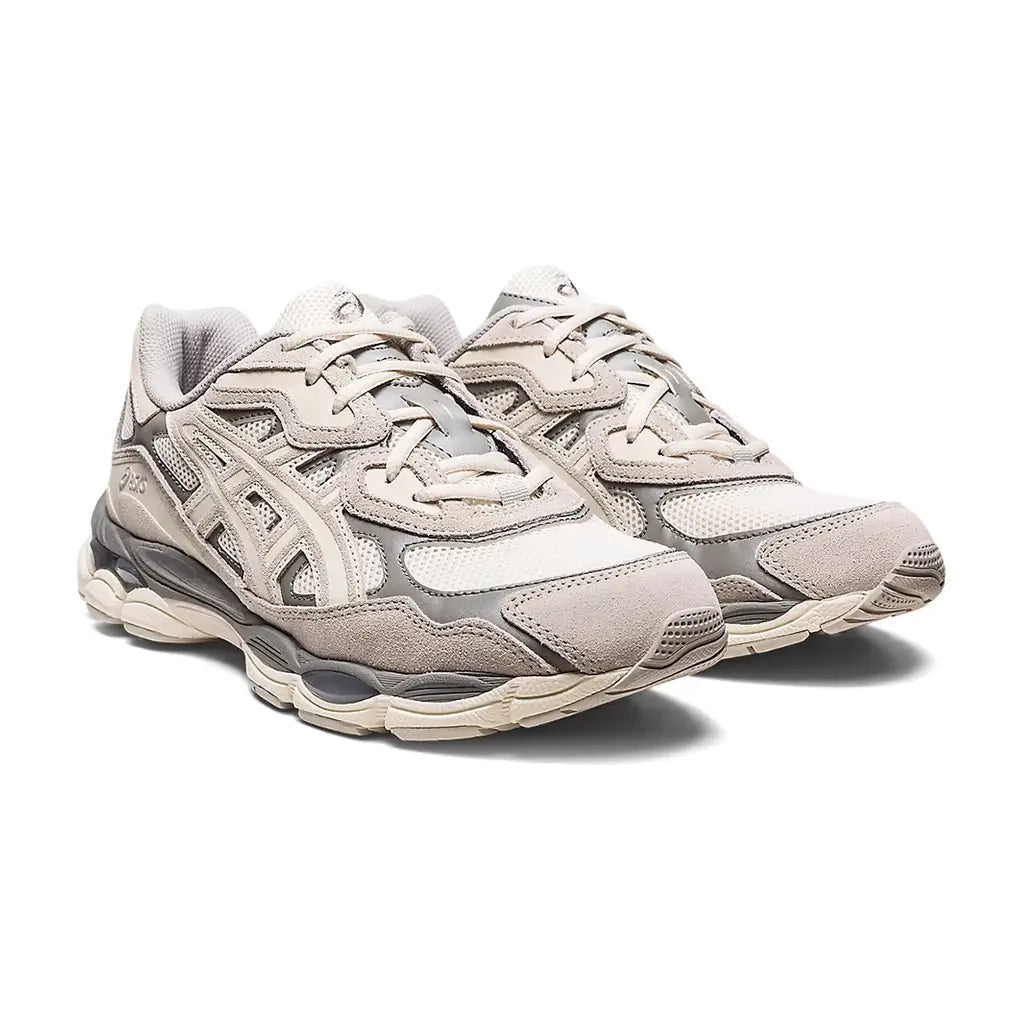 ASICS GEL-NYC Cream Oyster Grey 1201A789-103 front three-quarter pair view showing both shoes with cream mesh toe box, oyster grey suede toe cap and midfoot overlays, tonal tiger stripes, cream laces, grey tongue, and cream midsole with grey GEL windows