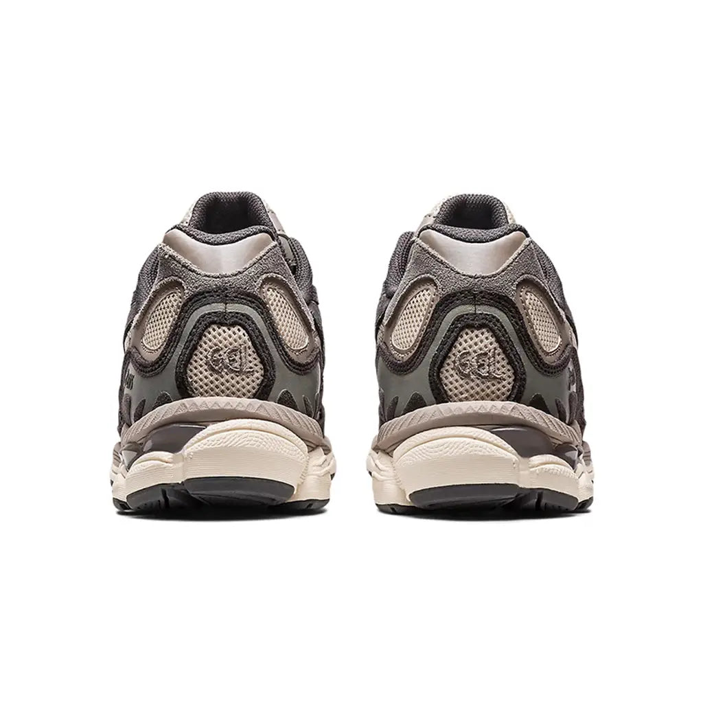 ASICS GEL-NYC Oatmeal Obsidian Grey rear heel view of both shoes showing the GEL branding on oatmeal mesh, obsidian suede heel wrap, grey synthetic overlays, cream midsole with translucent grey GEL technology windows, and dark rubber outsole