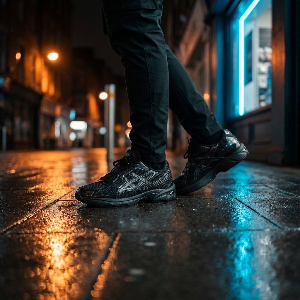ASICS Gel-1130 Black Graphite Grey on foot with washed grey jeans sitting on subway train showing front three-quarter angle
