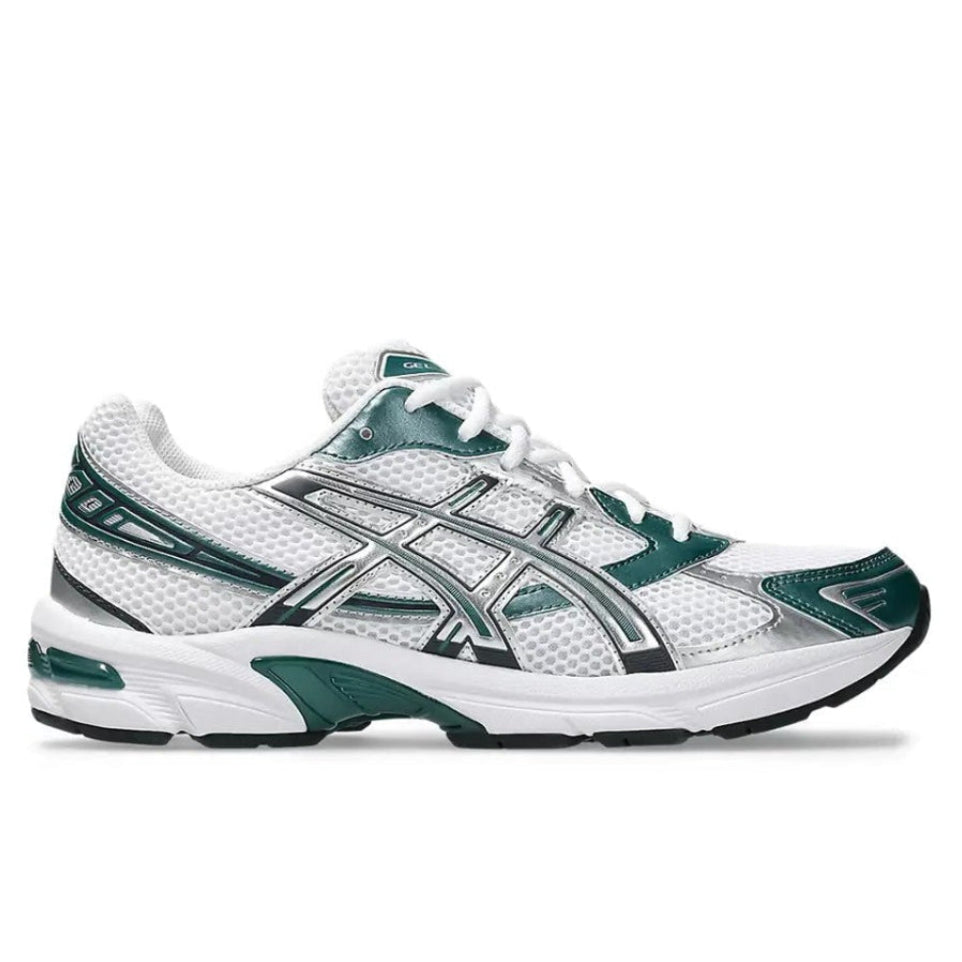 ASICS Gel-1130 White Dark Neptune lateral side profile on white background showing white mesh upper, dark neptune green synthetic overlays, and white midsole