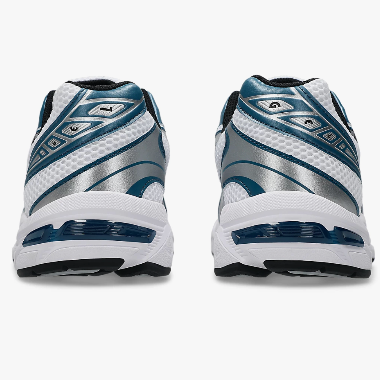 ASICS Gel-1130 White Restful Teal heel view with teal GEL cushioning and silver detailing