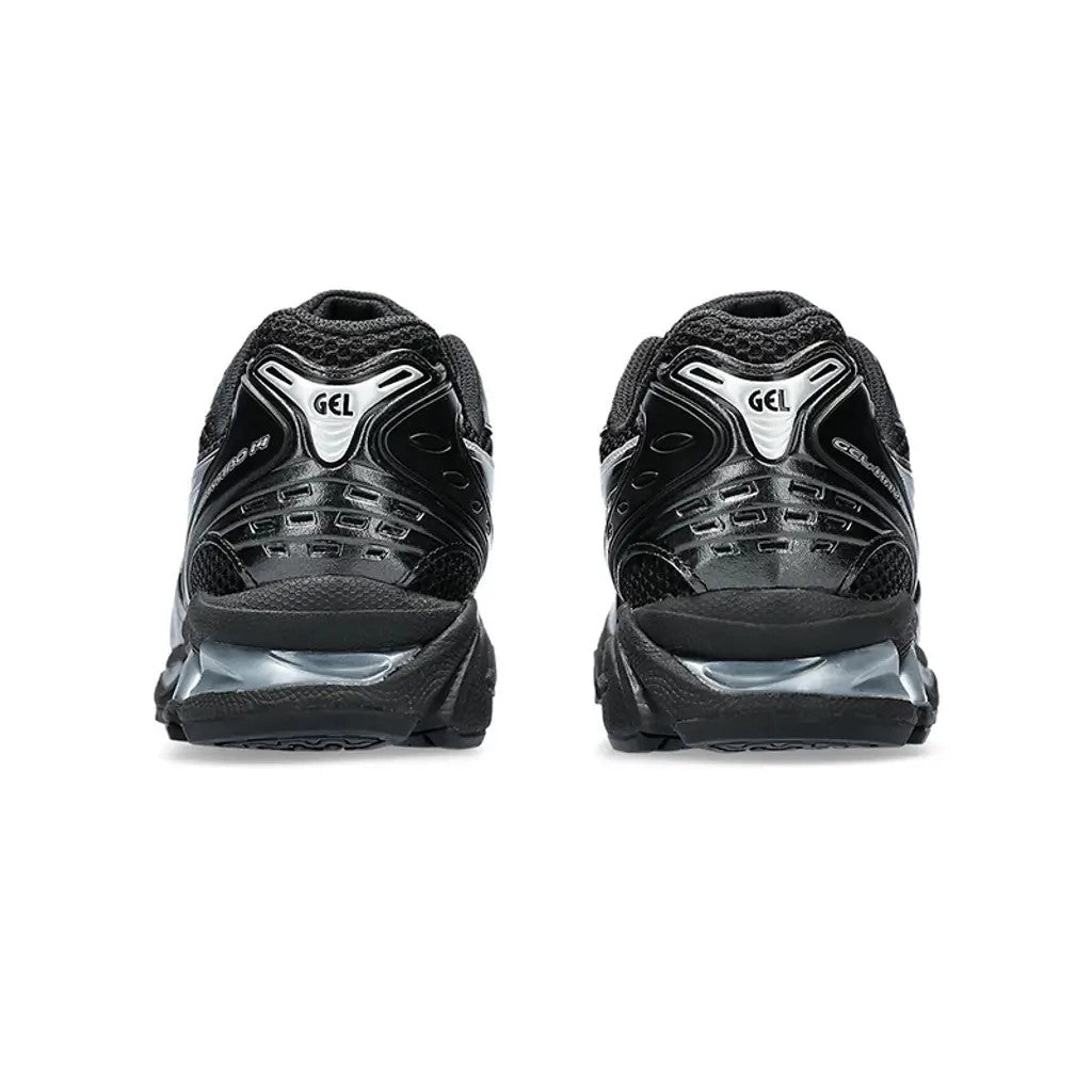 ASICS Gel-Kayano 14 Black Pure Silver pair rear view showing GEL heel units and silver accents