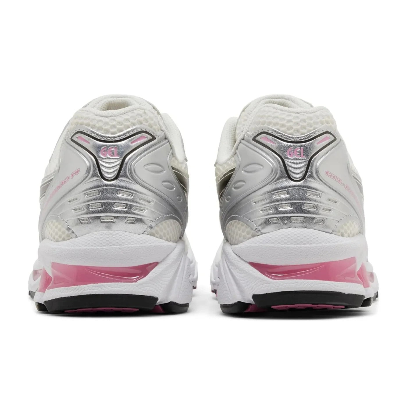 ASICS Gel-Kayano 14 Cream Sweet Pink heel view showing silver heel counter and pink GEL cushioning pods