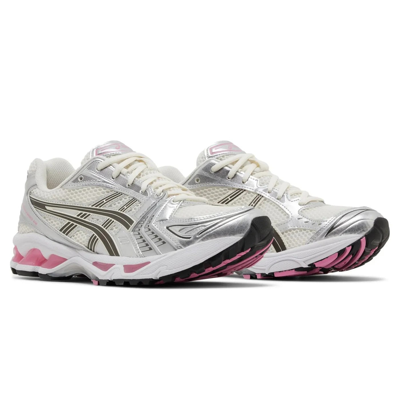 ASICS Gel-Kayano 14 Cream Sweet Pink pair rear angled view with pink midsole and black tiger stripes