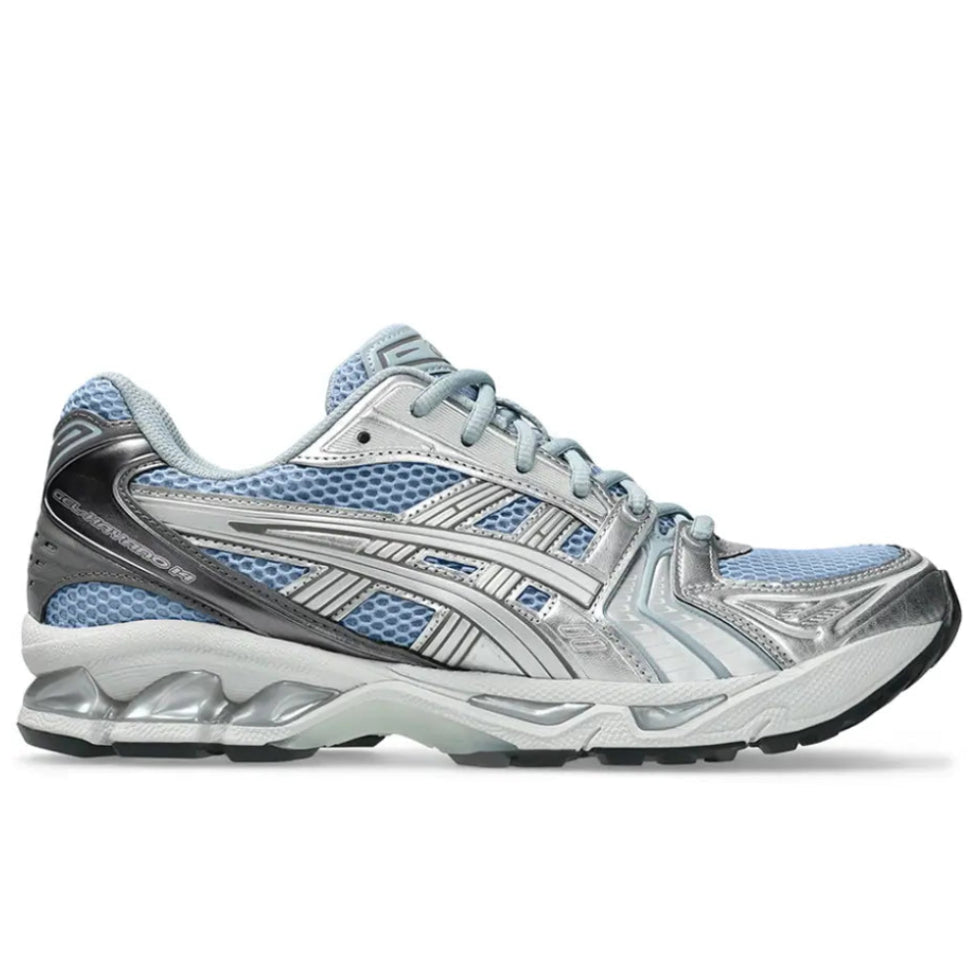 ASICS Gel-Kayano 14 Dolphin Grey Silver pair front angled view showing blue mesh and silver overlays