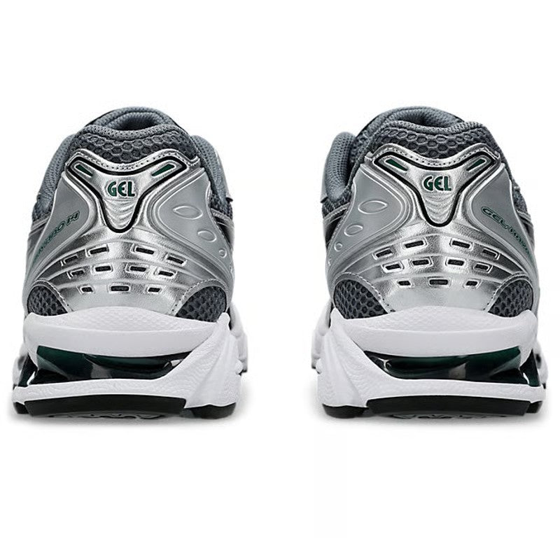 ASICS Gel-Kayano 14 Metropolis Jasper Green top-down view of pair showing grey mesh upper, silver overlays, and green tongue branding on white background