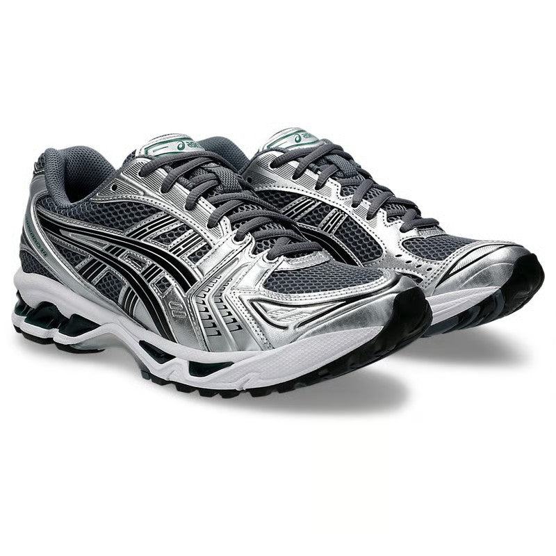 ASICS Gel-Kayano 14 Metropolis Jasper Green lateral side profile on white background showing metropolis grey mesh, silver overlays, black tiger stripes, and jasper green midsole accents