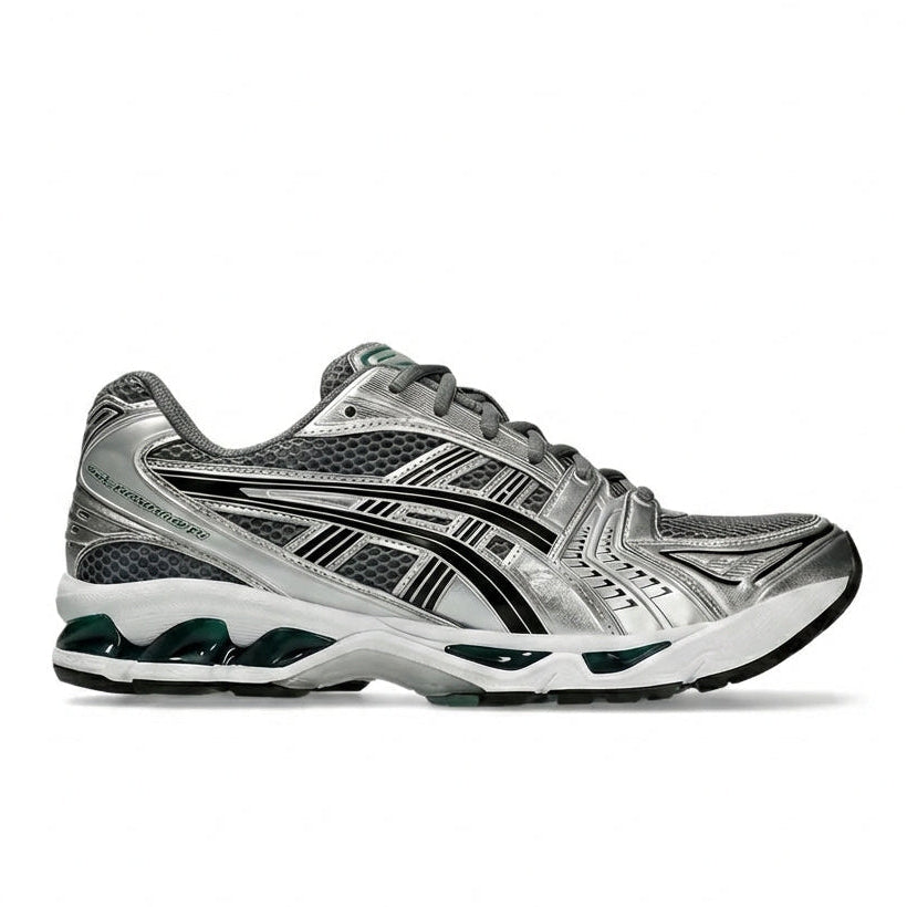 ASICS Gel-Kayano 14 Metropolis Jasper Green lateral side profile on white background showing metropolis grey mesh, silver overlays, black tiger stripes, and jasper green midsole accents