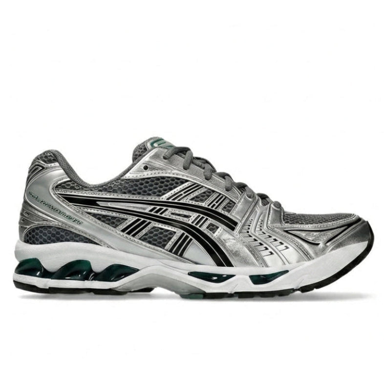 ASICS Gel-Kayano 14 Metropolis Jasper Green lateral side profile on white background showing metropolis grey mesh, silver overlays, black tiger stripes, and jasper green midsole accents