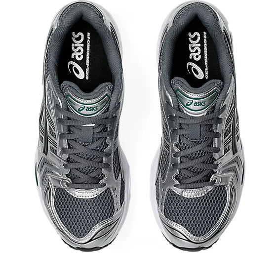 ASICS Gel-Kayano 14 Metropolis Jasper Green top-down view of pair showing grey mesh upper, silver overlays, and green tongue branding on white background