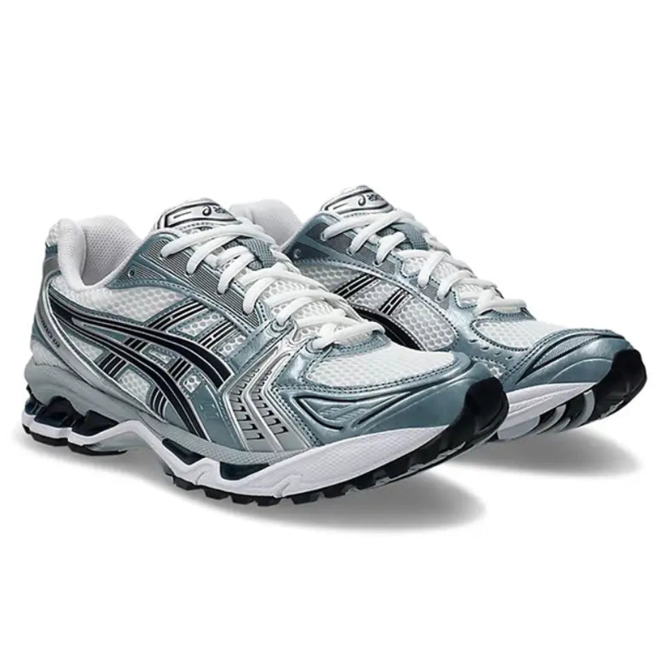 ASICS Gel-Kayano 14 White Fjord Grey heel view showing GEL branding and teal midsole inserts