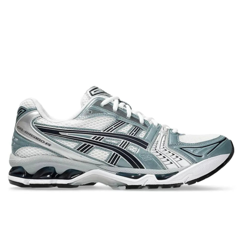 ASICS Gel-Kayano 14 White Fjord Grey side profile view with white mesh upper and fjord grey overlays