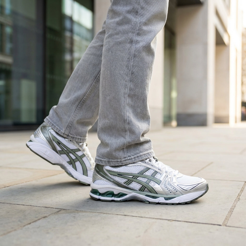 ASICS Gel-Kayano 14 White Slate Grey worn on foot walking with light grey jeans on city pavement showing lateral view with green GEL heel unit