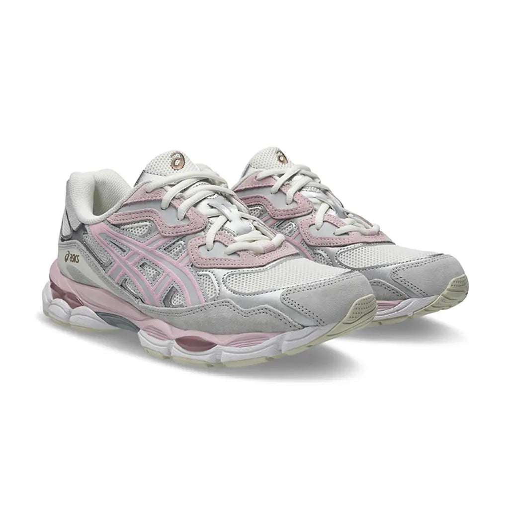 ASICS Gel-NYC Barely Rose pair front three-quarter view on white background showing concrete grey suede mudguard, pink tiger stripes, and cream laces