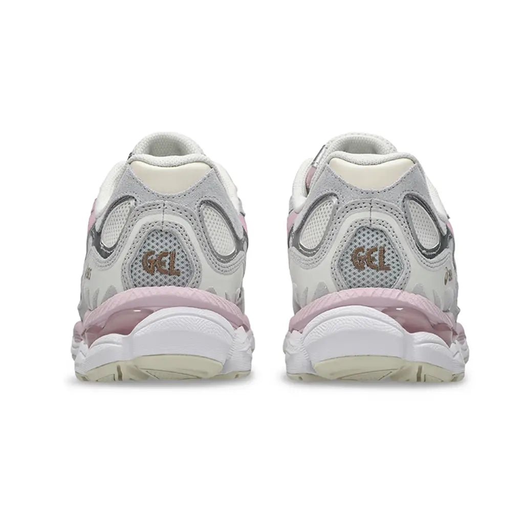 ASICS Gel-NYC Barely Rose rear view of pair on white background showing gold GEL branding on mesh heel, grey suede collar, and pink and white layered midsole