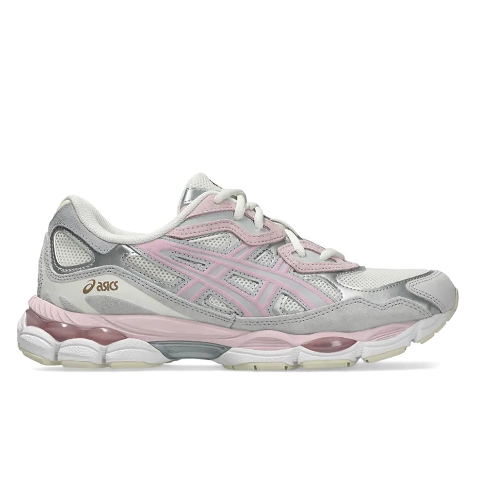 ASICS Gel-NYC Barely Rose lateral side profile on white background showing barely rose suede overlays, silver metallic panels, gold ASICS branding, and pink chunky GEL midsole
