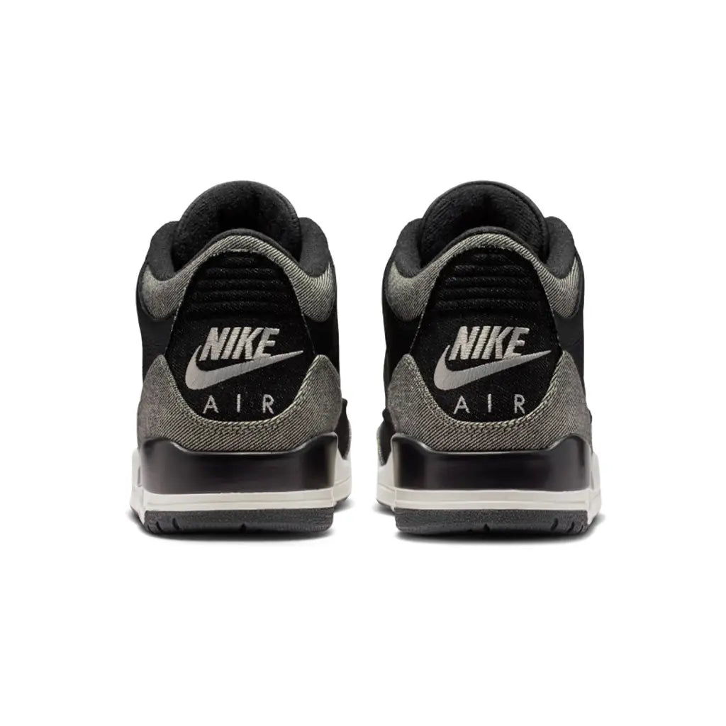 Air Jordan 3 Retro x Levi's Denim Black IR0914-400 front three-quarter pair view showing both shoes with black tumbled leather, grey-olive denim panels with visible twill weave, red Jumpman tongue logo, black laces, and white midsole with red outsole accent