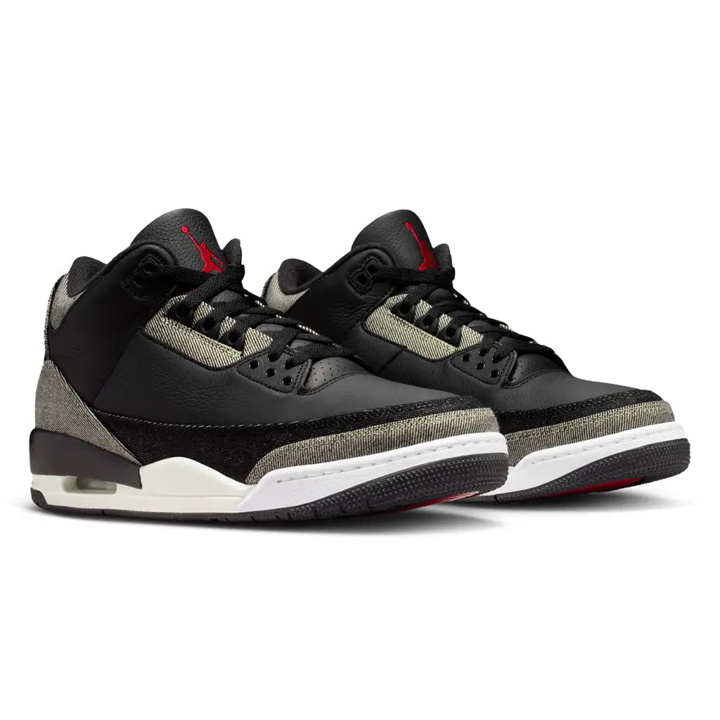 Air Jordan 3 Retro x Levi's Denim Black rear heel view of both shoes showing the Nike Air branding embroidered on dark denim, grey-olive washed denim heel wrap, black padded collar, and black midsole with sail foam and visible Air unit