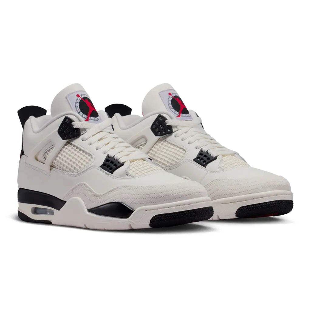 Air Jordan 4 Flight Club pair front three-quarter view showing red Jumpman Flight Club tongue logos, sail upper, black lace cages, and mesh netting