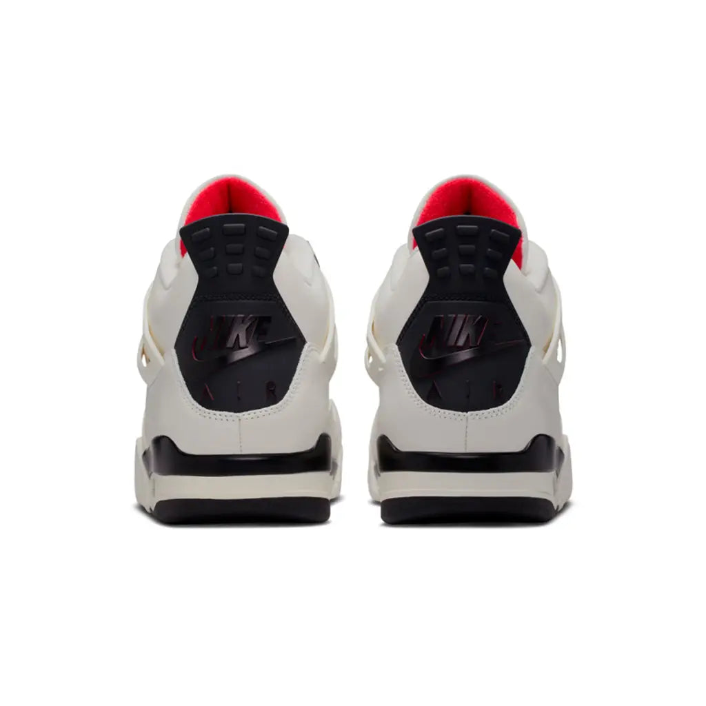 Air Jordan 4 Flight Club rear view of pair showing black Nike Air heel tabs, red inner lining, sail leather, and black midsole details on white background