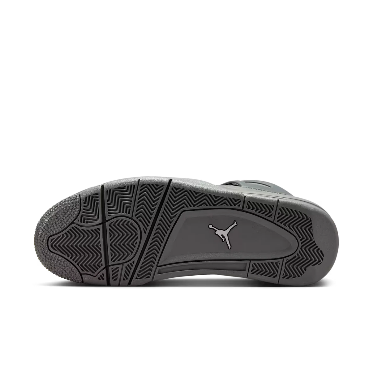 Air Jordan 4 Wet Cement outsole view showing grey herringbone traction pattern and Jumpman logo