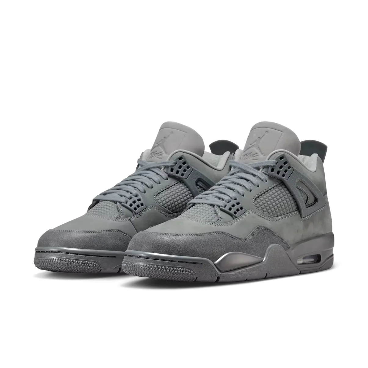 Air Jordan 4 Wet Cement pair front angled view showing grey netting grey nubuck panels and tonal midsole