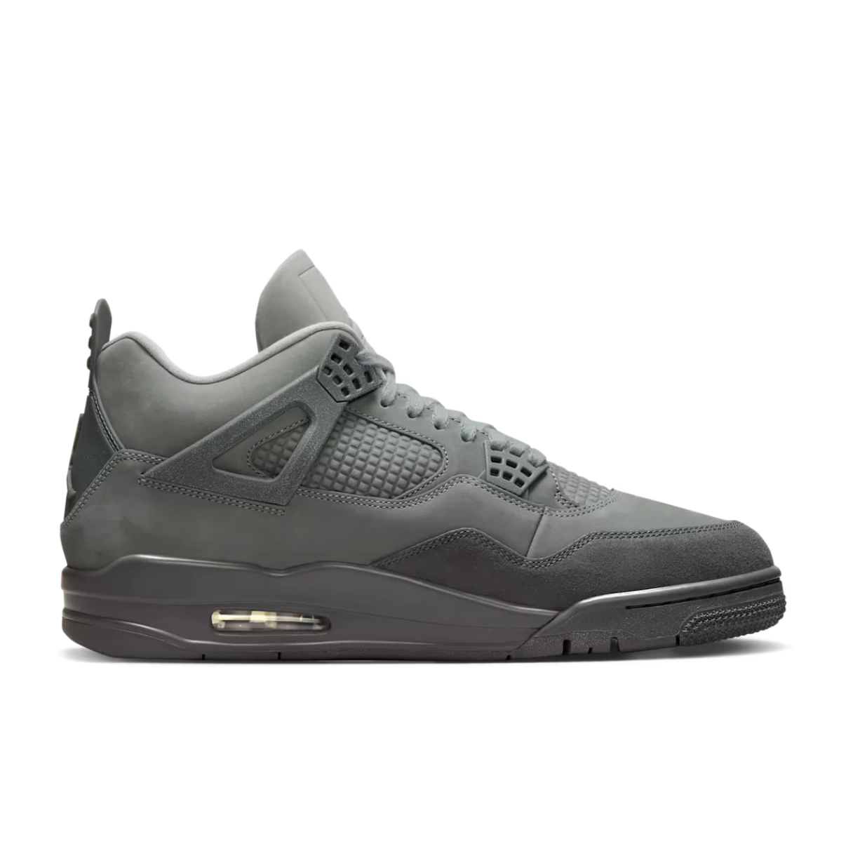 Air Jordan 4 Wet Cement side profile showing grey nubuck upper suede mudguard tonal eyelets and visible Air unit
