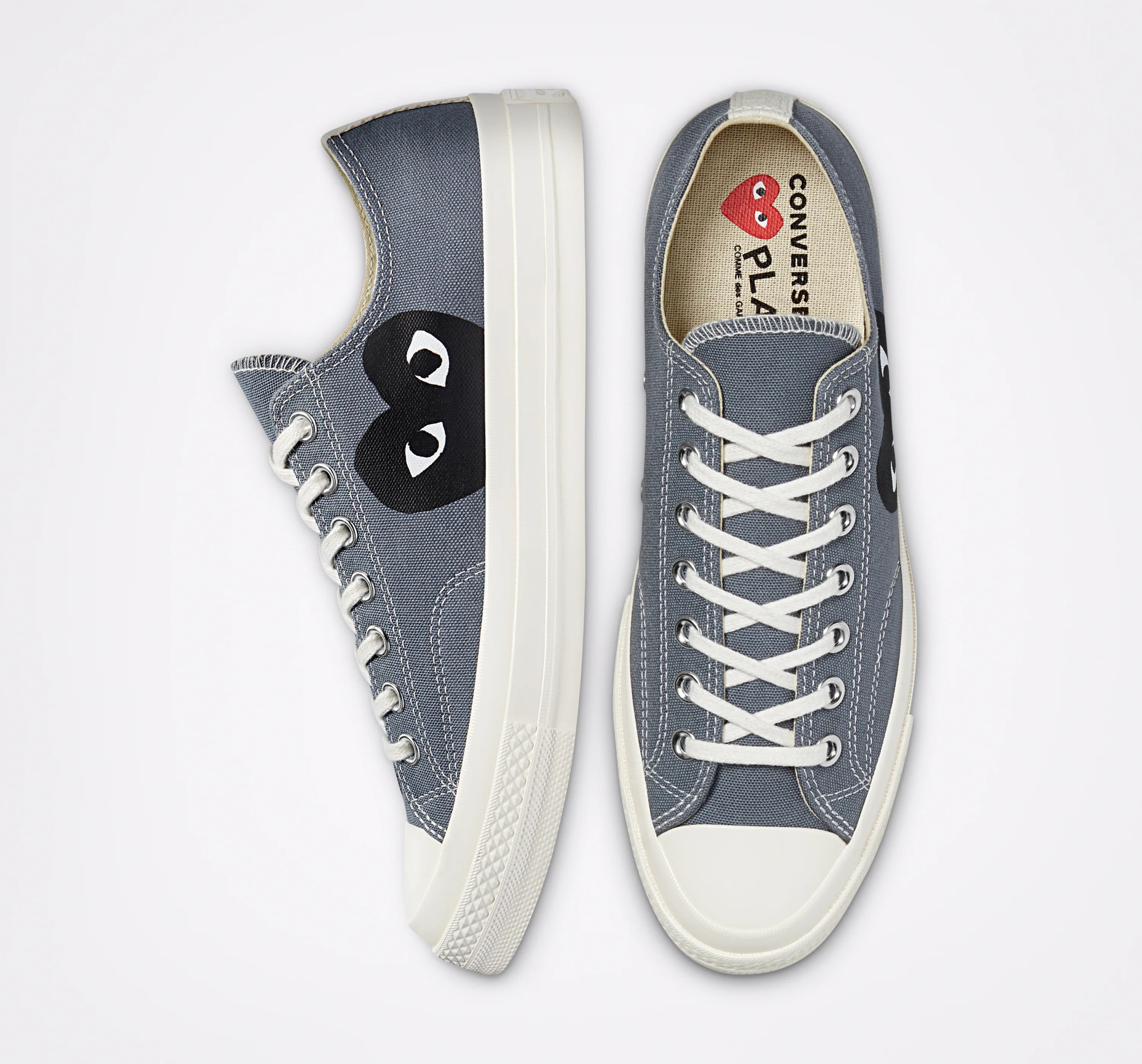 Comme des Garcons Play x Converse Chuck 70 Low Grey - overhead view of both shoes showing heart logo placement, white laces and Converse PLAY insole