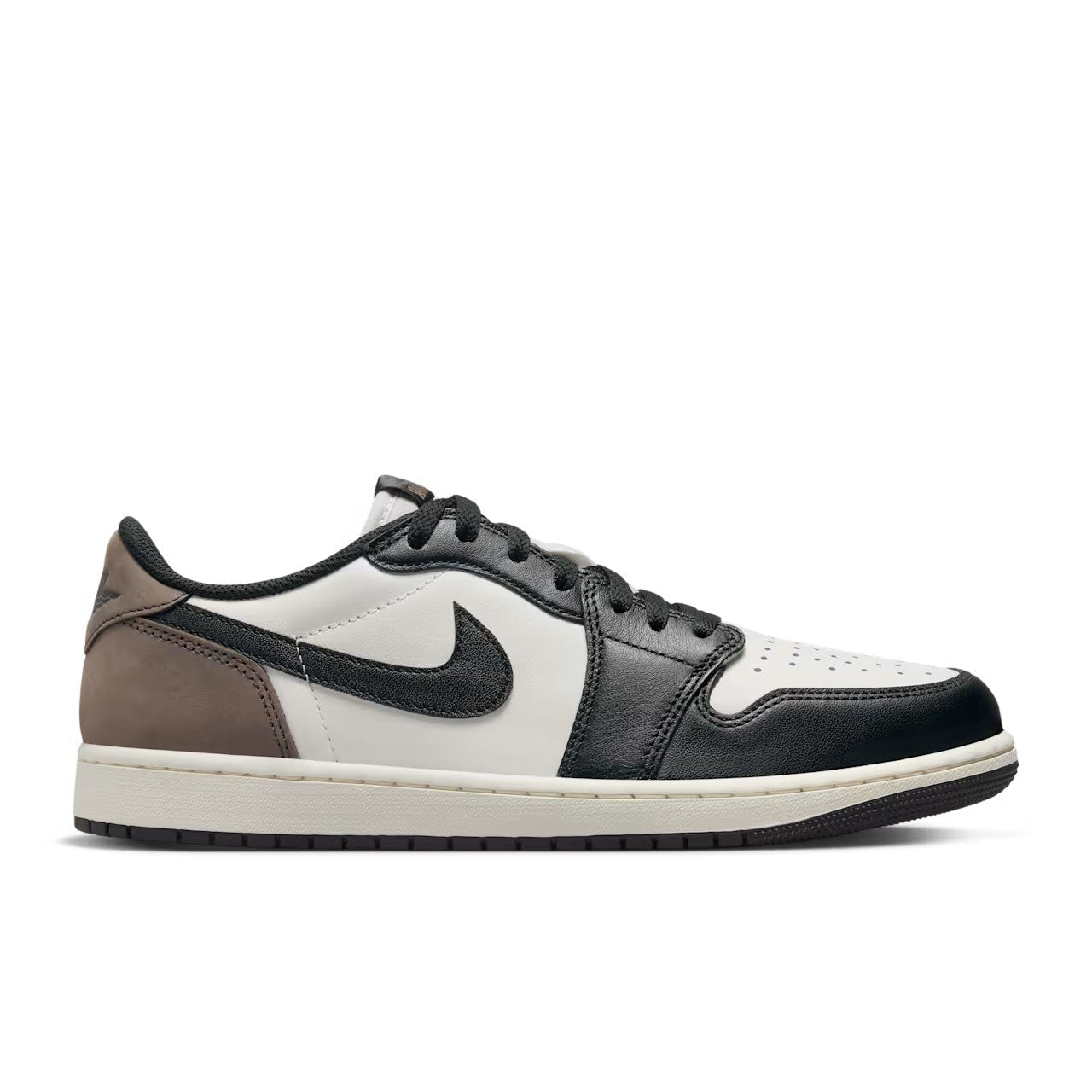 Air Jordan 1 Low OG Mocha lateral side view showing black leather toe box, sail mid panel, black Swoosh, dark mocha nubuck heel, and sail rubber midsole