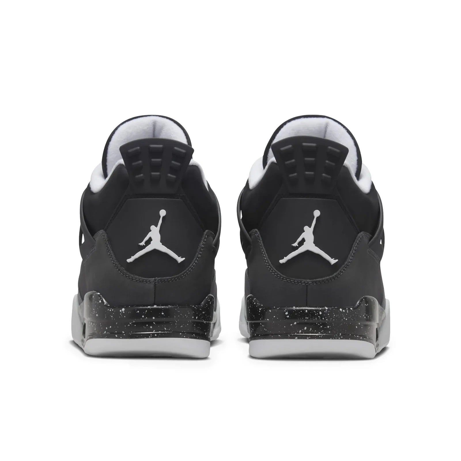 Jordan 4 Retro Fear GS heel pair view showing white Jumpman logo on dark grey heel tabs, white lining, and black speckled midsole with white splatter