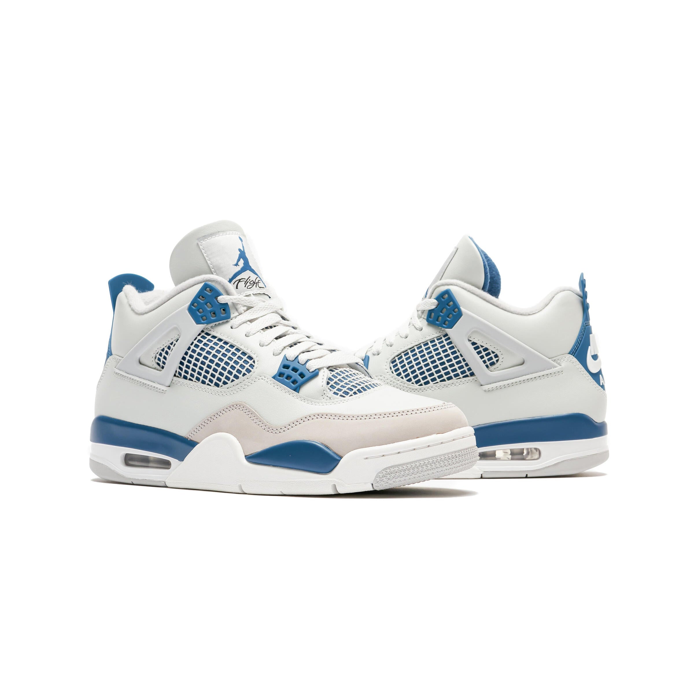 Jordan 4 Retro Military Blue FV5029-141 pair front view showing off-white leather upper, blue Jumpman Flight tongue, military blue accents, and neutral grey panels