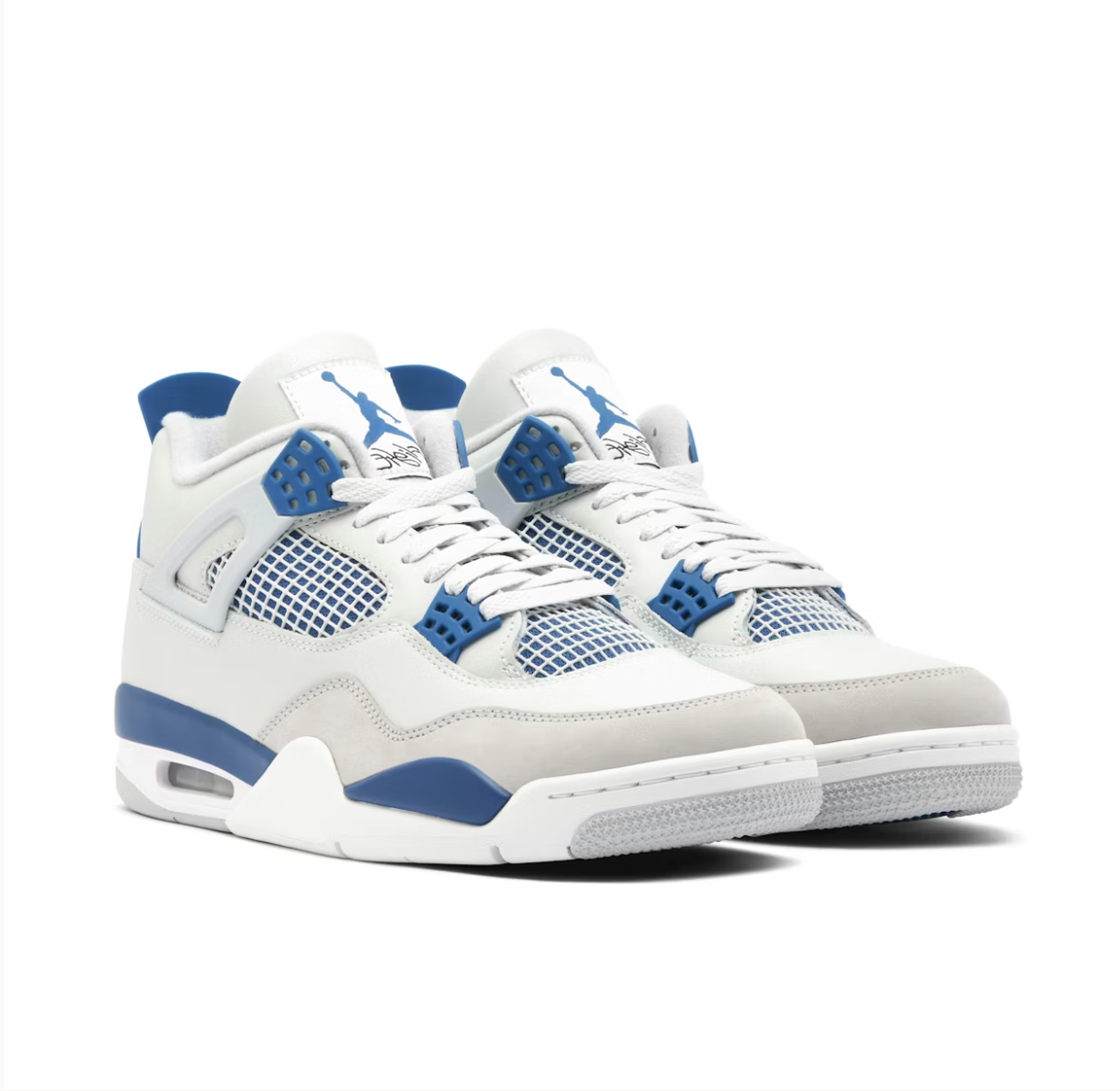 Jordan 4 Retro Military Blue three-quarter front pair view showing blue Jumpman Flight tongue logos, military blue eyelets, blue mesh panels, and neutral grey overlays