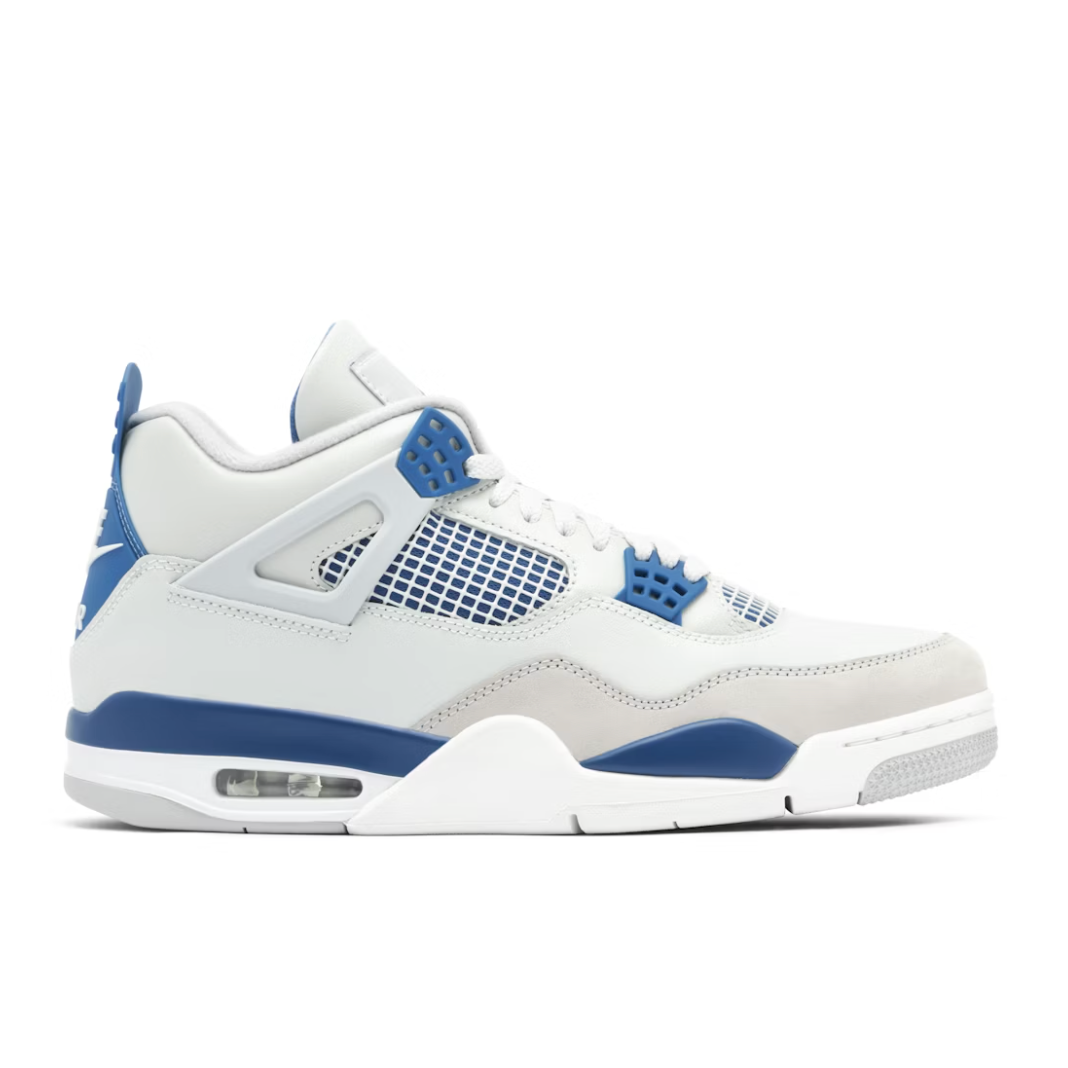 Jordan 4 Retro Military Blue lateral side view showing off-white leather upper, military blue mesh netting, blue lace cage eyelets, neutral grey mudguard, and visible Air unit