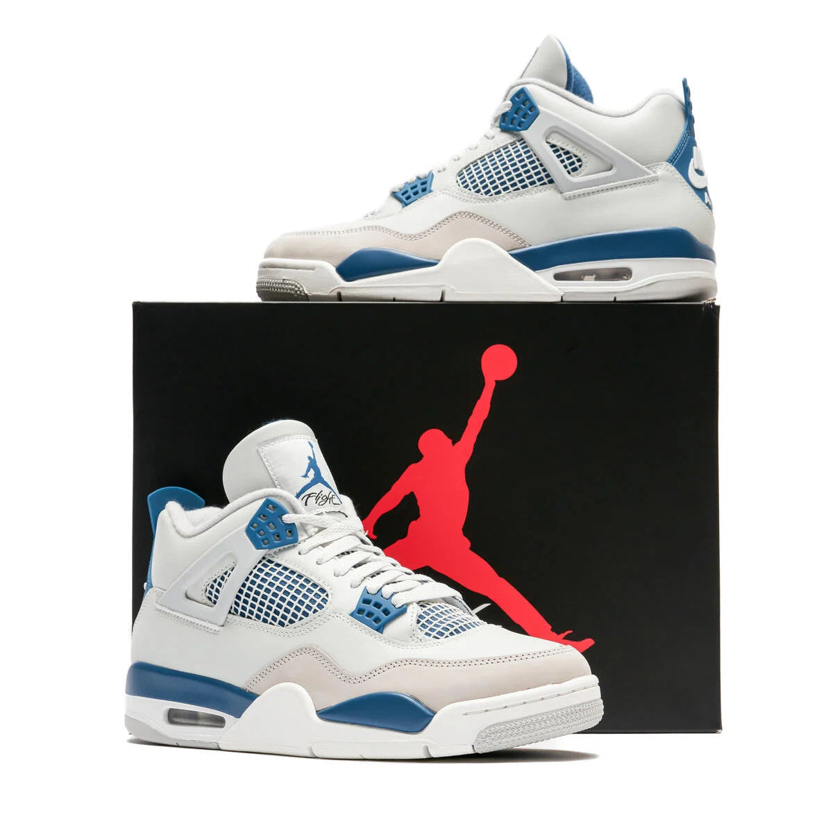 Jordan 4 Retro Military Blue pair displayed with black Jordan Brand box featuring red Jumpman logo, showing blue mesh netting and off-white leather