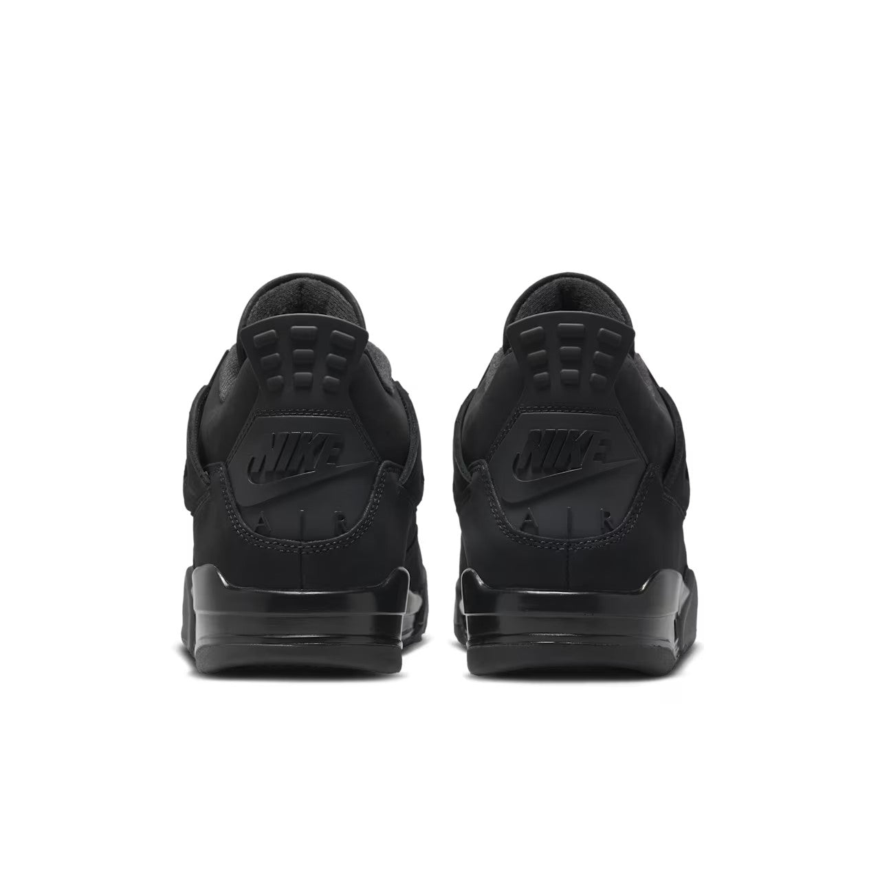ordan 4 Retro Black Cat 2025 GS rear view of pair on white background showing tonal black Nike Air heel tabs and nubuck suede heel counter