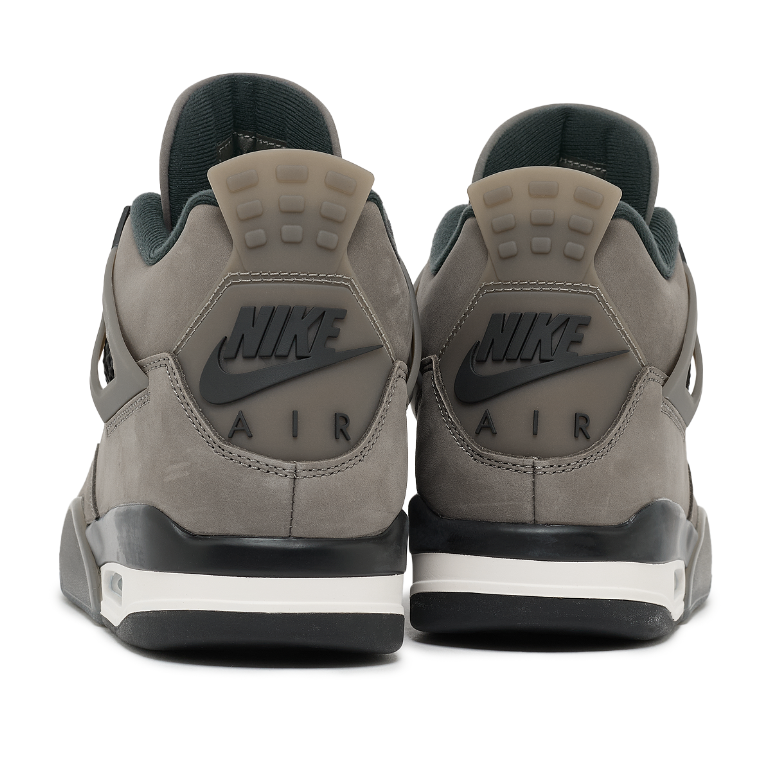 Jordan 4 Retro Cave Stone GS - rear heel view of both shoes showing embossed Nike Air branding on heel tab, cave stone brown nubuck and white Air-Sole unit