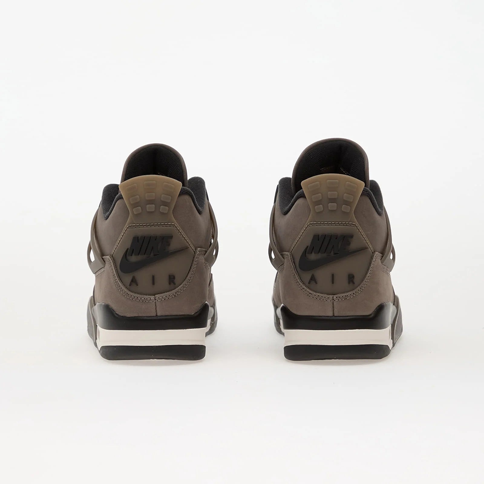 Jordan 4 Retro Cave Stone - rear heel view of both shoes showing embossed Nike Air branding, tan heel tab, cave stone brown nubuck and white Air-Sole unit