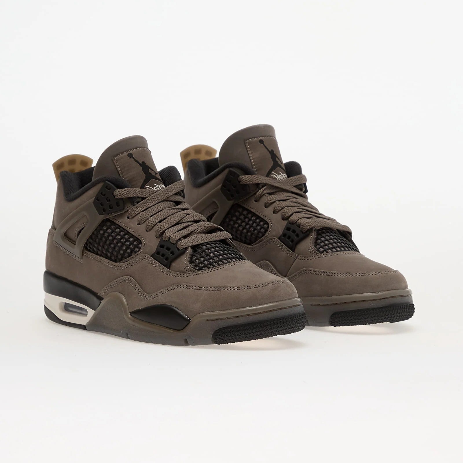 Jordan 4 Retro Cave Stone - front three-quarter pair view on white background showing cave stone brown nubuck upper, black mesh netting, Jumpman logo and white Air-Sole midsole